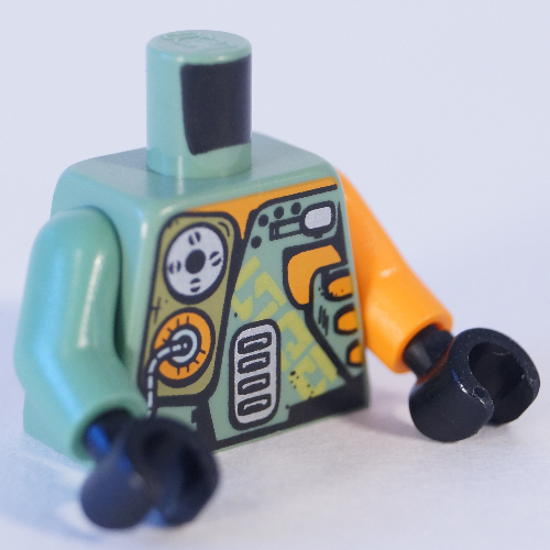 Lego Torso, Odd Arms, Armor with Olive Green, Orange and Silver Mechanical Pack Print, Left Orange Arm, Right Sand Green Arm, Black Hands / Sand Green