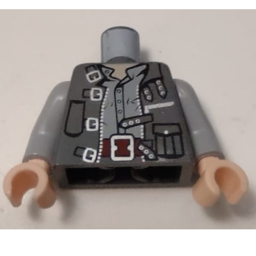 Lego Torso Vest with Four Silver Buckles and Straps, Dark Red Belt Print, Light Bluish Gray Arms, Light Nougat Hands / Dark Bluish Gray