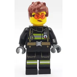 Firefighter, Black Fire Suit, Reddish Brown Hair, Orange Safety Glasses