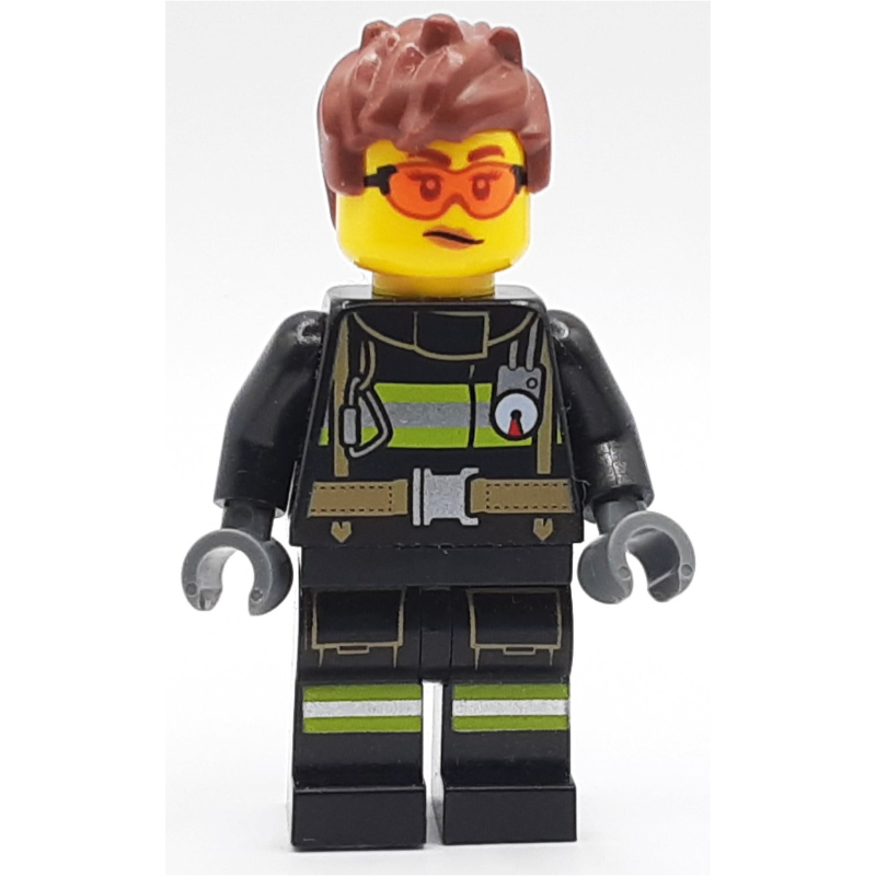 Lego Firefighter, Black Fire Suit, Reddish Brown Hair, Orange Safety Glasses