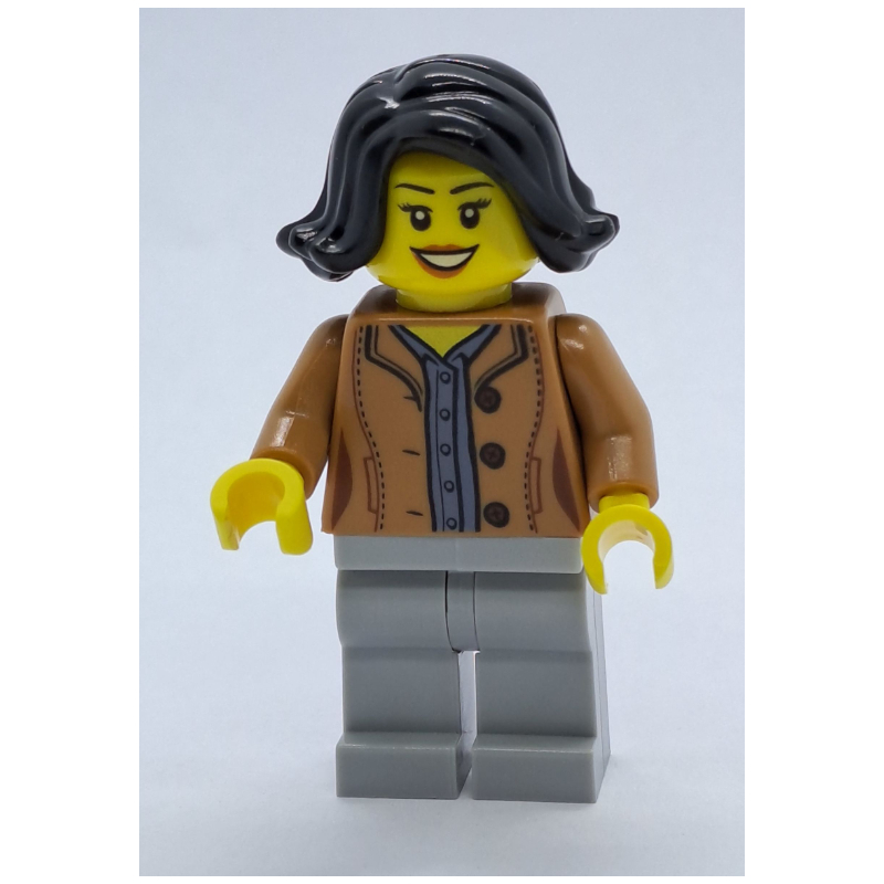 Lego Woman, Medium Nougat Jacket, Light Bluish Gray Legs, Black Hair
