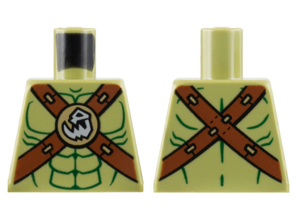 Lego Torso Bare Chest, Dark Green Contour Lines, Reddish Brown Crossbelts with Skull Clasp Pattern
