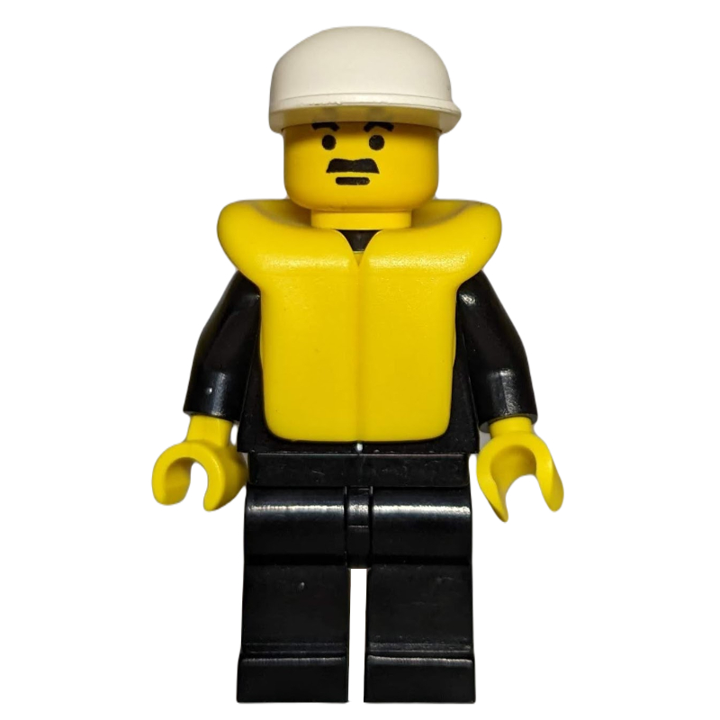 Lego Policeman, Black Suit with Tie and Badge, White Cap, Yellow Life Vest, Moustache