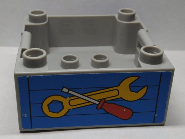 Lego Duplo Container Box 4 x 4 with Studs on Corners with Wrench and Screwdriver Pattern on Both Sides (Stickers) - Set 9211