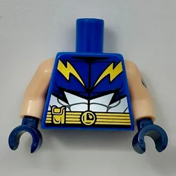 Torso, Jumpsuit, Gold Lightning, Belt, White Muscles Print, Light Nougat Arms, Dark Blue Hands / Blue