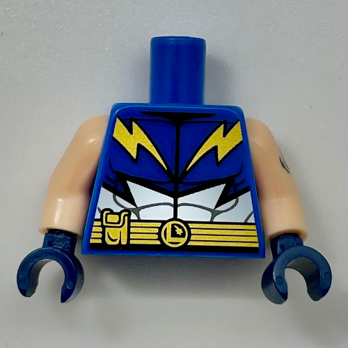 Lego Torso Jumpsuit, Gold Lightning, Belt, White Muscles print, Light Nougat Arms, Dark Blue Hands / Blue