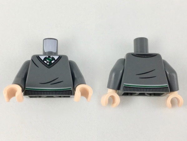 Lego Torso V-Neck Sweater, White Collar, Green and White Tie and Waist Trim (Slytherin) Pattern / Dark Bluish Gray Arms / Light Nougat Hands