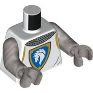 Torso, Knight Armor, Chain Mail, Shield with White Horse on Blue Field, Gold Border Print, Flat Silver Arms and Hands / White