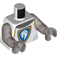 Lego Torso, Knight Armor, Chain Mail, Shield with White Horse on Blue Field, Gold Border print, Flat Silver Arms and Hands / White