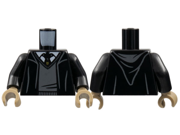 Lego Torso Robe with Hood, Dark Bluish Gray Sweater, White Shirt and Hogwarts Crest Tie Pattern / Black Arms / Dark Tan Hands