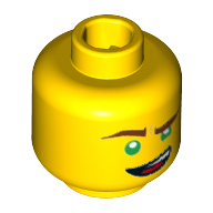 Lego Minifig Head Lloyd, Reddish Brown Eyebrows, Green Eyes, Lopsided Open Mouth Grin Print [Hollow Stud] / Yellow