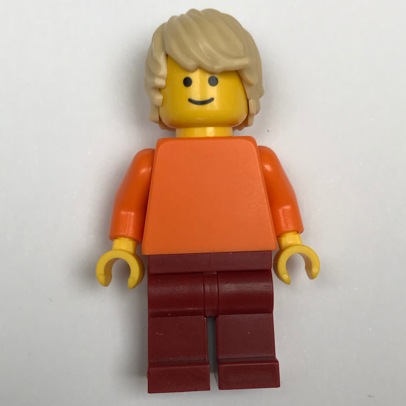 Lego Man, Plain Orange Torso, Dark Red Legs, Tan Hair