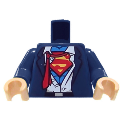 Lego Torso Suit, Rumpled White Shirt with Red Tie and Red and Yellow Superman 'S' Logo Print, Dark Blue Arms, Light Nougat Hands / Dark Blue