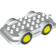 Duplo Car Base 4 x 8 with Four Black Wheels and Vibrant Yellow Hubs / White