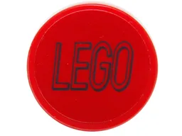 Tile, Round 2 x 2 with Bottom Stud Holder with Black LEGO Logo Outline Squared Ends on Red Background Pattern (Sticker) - Set 76039