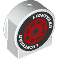 Duplo Brick 1 x 3 x 2 Round Top, Cut Away Sides with Black Tire, Red Rim, 'LIGHTYEAR' Print / White