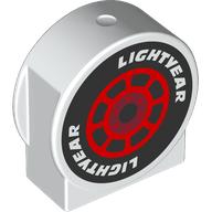 Lego Duplo Brick 1 x 3 x 2 Round Top, Cut Away Sides with Black Tire, Red Rim, 'LIGHTYEAR' print / White