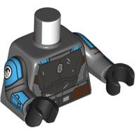 Lego Torso, Silver/Dark Azure Mandalorian Armor, Reddish Brown Utility Belt print, Dark Bluish Gray Arms, Black Hands / Dark Bluish Gray