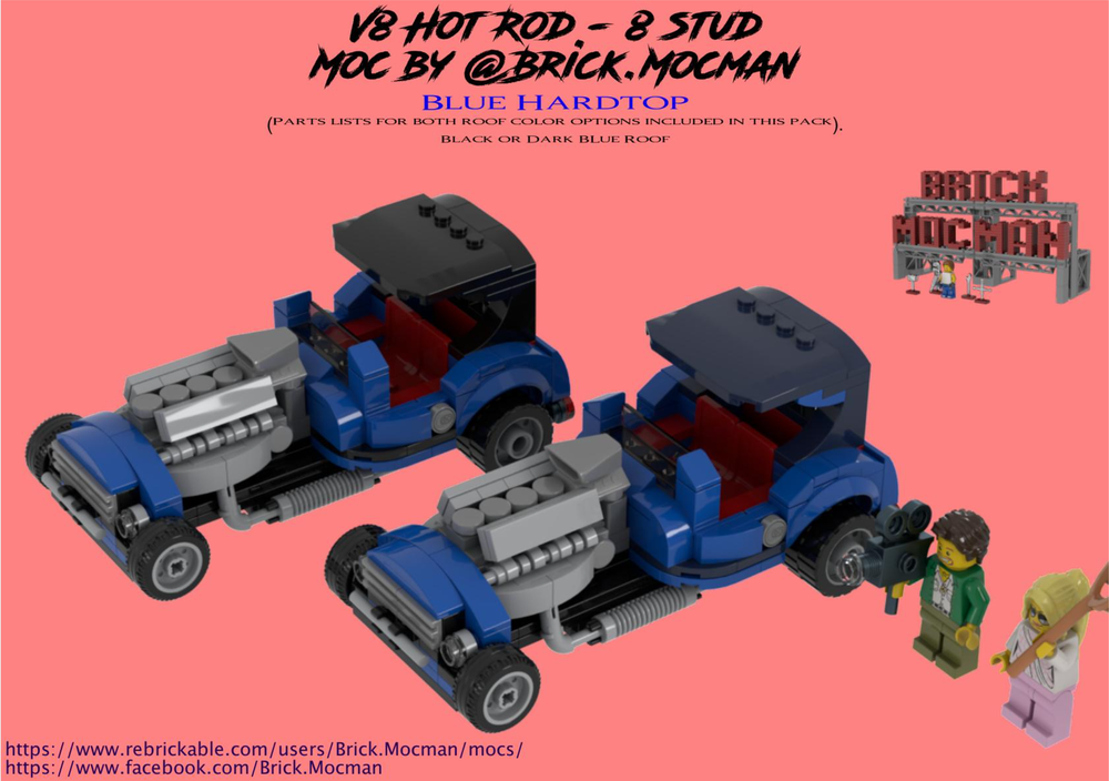 Lego V8 HotRod 8 Stud - Blue Hardtop (Black and Dark Blue Roof Included) (FREE)