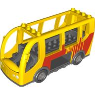 Lego Duplo Bus with Dark Bluish Gray Chassis & Flat Silver Wheels, with Red Transit Logo Print / Yellow