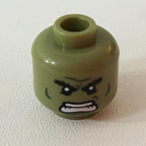 Lego Minifig Head Hulk, Dual Sided, Bushy Eyebrows, Dark Green Lines, Raging / Scowl Print [Hollow Stud] / Olive Green
