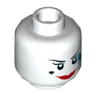 Lego Minifig Head Harley Quinn, Thin Eyebrows, Red Lips, Smile, Heart on Cheeks, Dark Azure Paint Splotch, Smile / Open Mouth Smile Print / White
