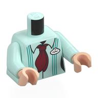 Lego Torso, Dark Turquoise Suspenders, Dark Red Tie, White Name Badge print, Light Aqua Arms, Light Nougat Hands / Light Aqua