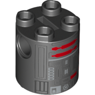 Lego Brick Round 2 x 2 x 2 Robot Body, Axle Holder '+' Orientation with Silver and Dark Red Astromech Droid Print (U5-GG) / Black