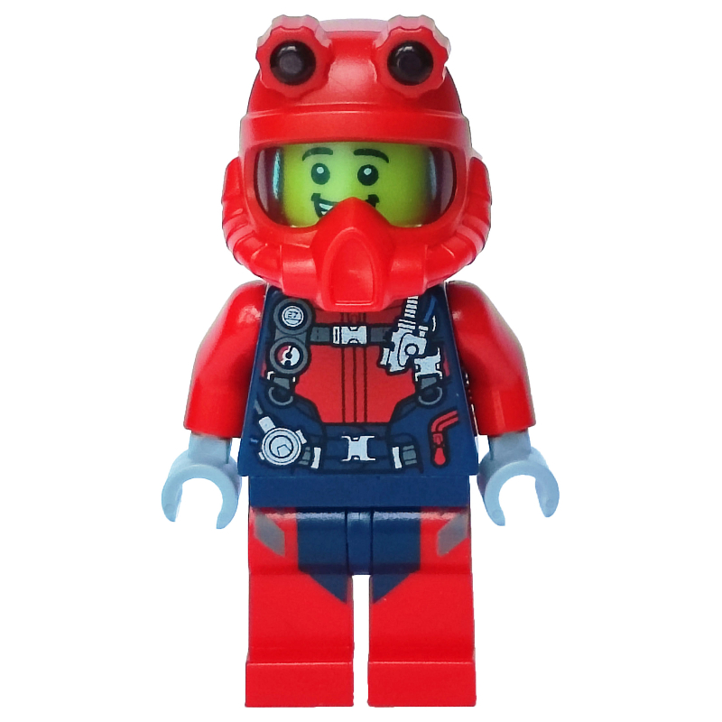 Lego Diver, Man, Red and Dark Blue Wetsuit with Straps and Gauges, Red Diving Helmet, Airtanks