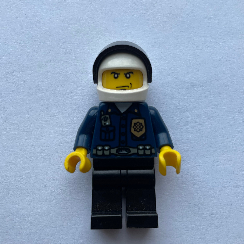 Lego Policeman, Dark Blue Shirt with Radio and Badge, Black Legs, White Helmet with Visor