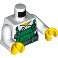Lego Torso Overalls, Green over Dark Bluish Grey Belt, Prison Shirt Print, White Arms, Yellow Hands / White