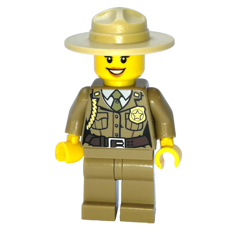 Lego Forest Police / Ranger, Woman, Dark Tan Shirt with Olive Green Tie and Badge, Dark Tan Legs, Tan Campaign Hat