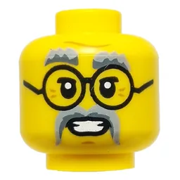 Minifig Head Dr. Saunders/Krux Light/Dark Bluish Grey Eyebrows, Moustache, Black Glasses / Dark Green/Dark Red Eye Mask, Thin Moustaches, Angry / Yellow