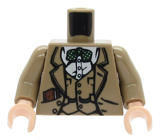 Lego Torso Indiana Jones Vest, Jacket, Dark Green Bow Tie, and Diary in Pocket Pattern / Dark Tan Arms / Light Nougat Hands
