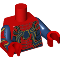Lego Torso Bodysuit, Dark Blue Panels, Webbing, Large Dark Blue Spider with Gold Outline Print, Dark Blue Arms with Webbing Print, Red Hands / Red
