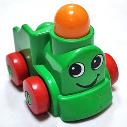 Primo Train Engine 1 x 2 with Red Wheels, Orange Button, and Face Print / Bright Green