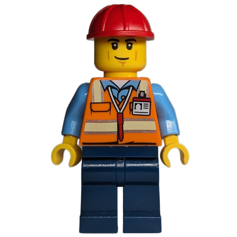 Lego Construction Worker - Orange Torso, Dark Blue Legs, Red Helmet, Smirk