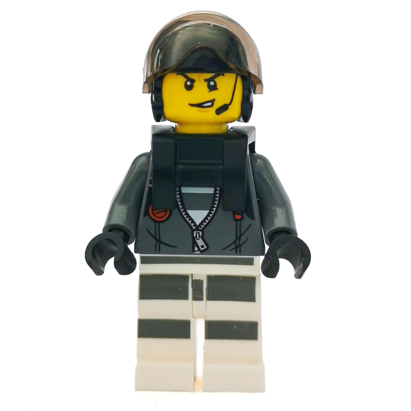 Lego Criminal, Open Dark Bluish Gray Jacket with Zipper over Prison Shirt, Black Helmet with Visor, Neck Bracket, Headset