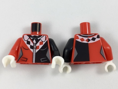 Lego Torso Batman Female Outline with Black Scarf and Side Panel, White Collar with Diamonds Pattern / Black Arm Left / Red Arm Right / White Hands