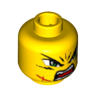 Lego Minifig Head Takeshi, Dual Sided, Green Eyes, Frown, Scar / Open Mouth Print [Blocked Open Stud] / Yellow