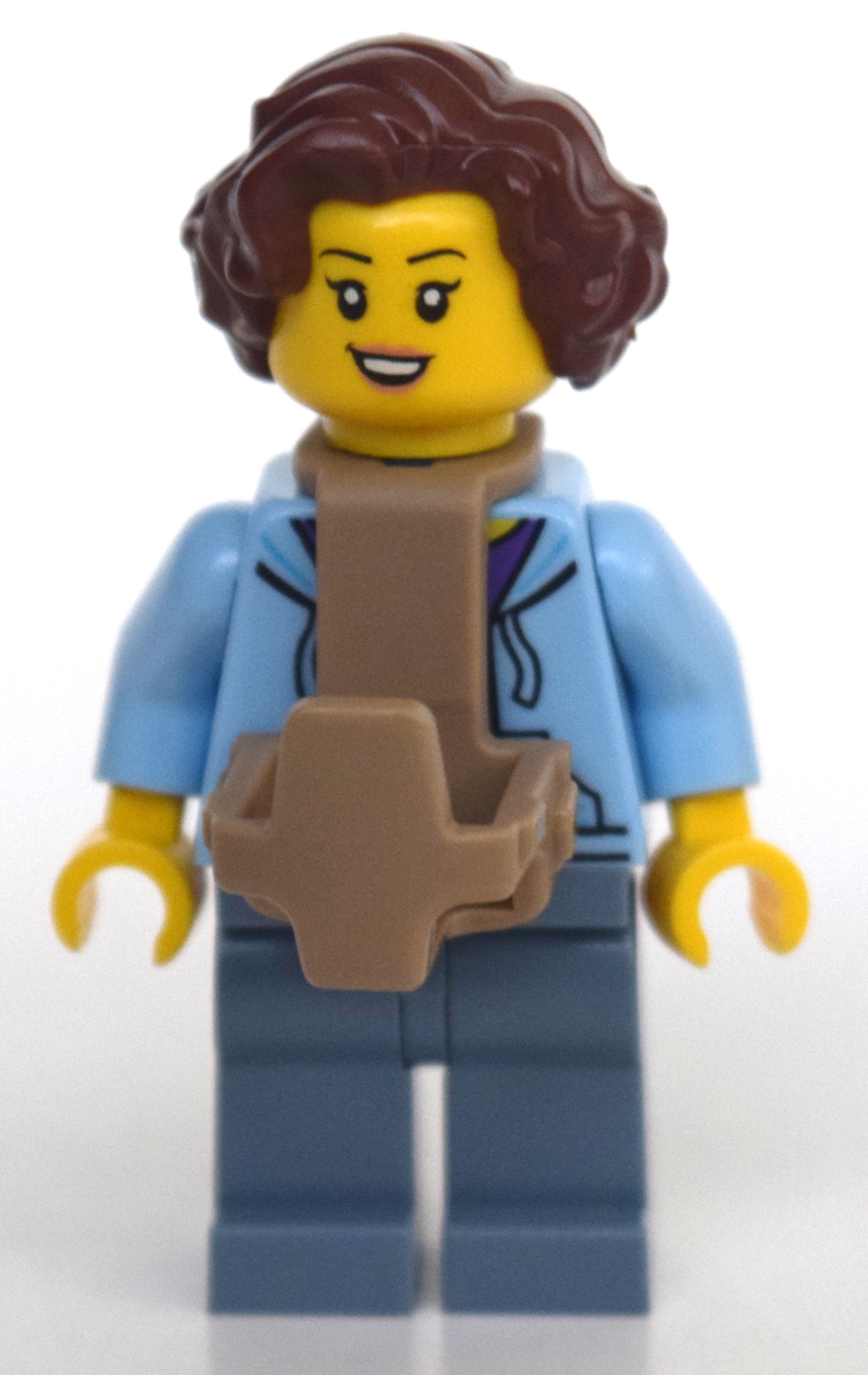 Lego Woman, Open Jacket over Purple Shirt, Sand Blue Legs, Baby Carrier, Reddish Brown Hair