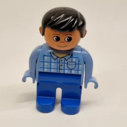Duplo Figure, Early, with Short Parted Hair Black, Blue Legs, Plaid Shirt with Pocket and Collar Print / Medium Blue