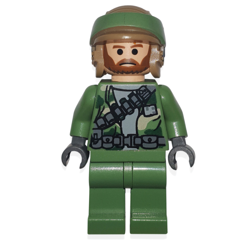 Lego Rebel Trooper in Endor Uniform, Sand Green Legs, Brown Beard, Neck Bracket