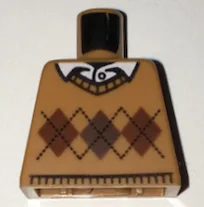 Torso Knit Argyle Sweater with Dark Brown and Reddish Brown Diamonds and Black Stitching over White Shirt with Collar and Button Pattern / Medium Nougat