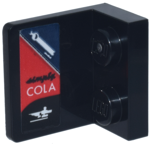 Lego Bracket 1 x 2 - 2 x 2 Inverted with Script 'simply' and White 'COLA' and Logos and Dark Blue and Red Background Pattern Model Left Side (Sticker) - Set 77243