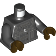 Lego Torso Leather Jacket, Open Over Light Bluish Gray Vest, Black Straps, Tooth Necklace / Snake '$' on Back Print, Black Arms, Dark Brown Hands / Black