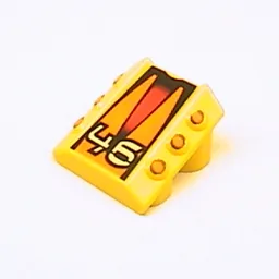 Brick Sloped 2 x 2 No Studs, with 3 Side Pistons Raised Edges and '46', Orange Pistons and Triangles Print / Yellow