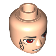 Lego Minidoll Head Male with Thin Black Eyebrows and Red Eyes, Black Elves Tattoo on Right Cheek, Open Mouth Smirk Print / Light Nougat
