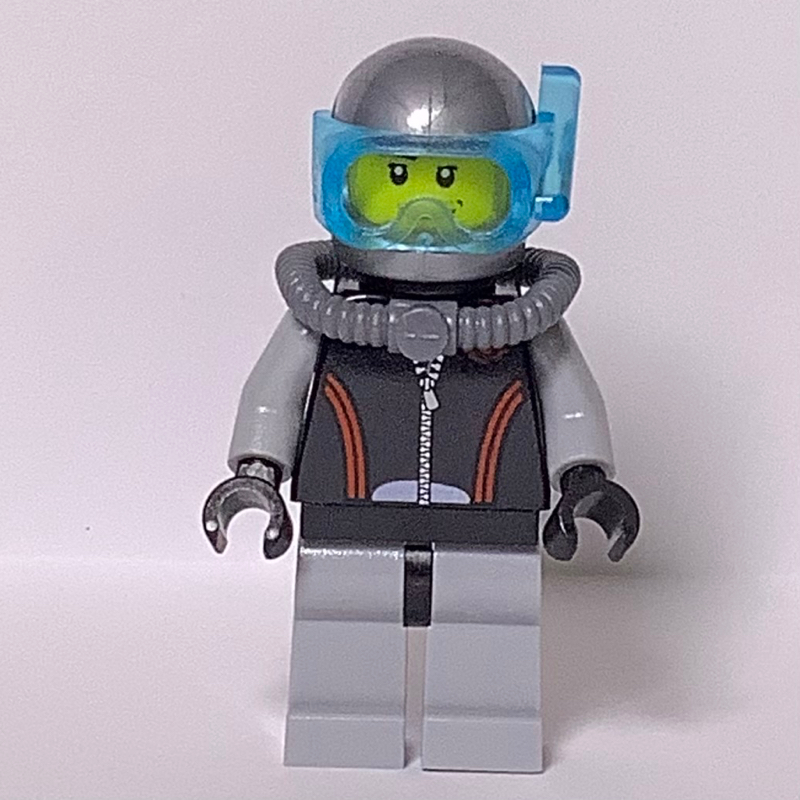 Lego Diver, Black and Gray Wetsuit, Helmet with Mask, Airtank, Stubble