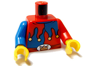 Lego Torso Castle Fantasy Era Red and Blue Jester's Collar, Crown on Buckle Pattern / Red Arm Left / Blue Arm Right / Yellow Hands